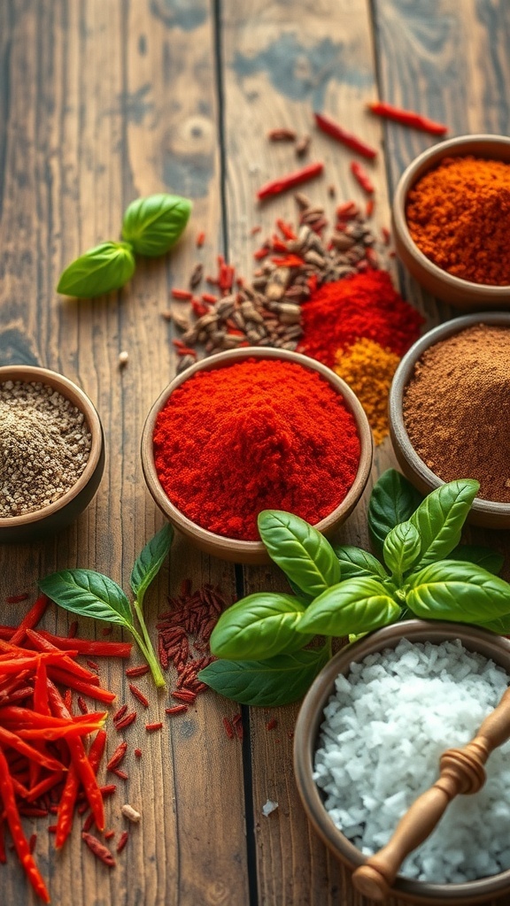 An artistic display of colorful spices and herbs on a wooden table, showcasing their textures and vibrant hues.